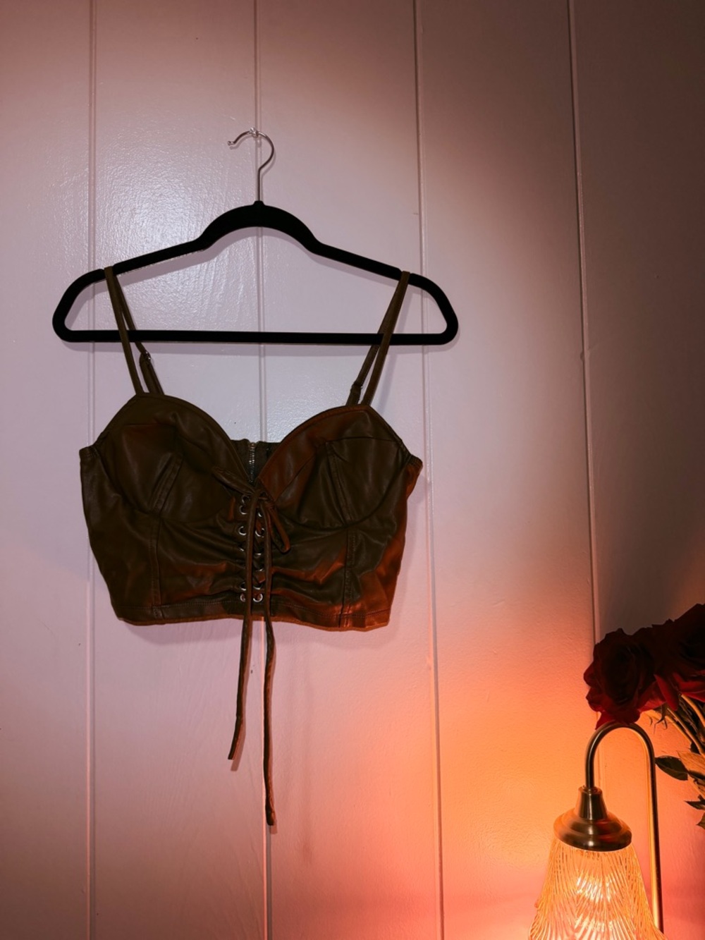Lace-Up Brown Faux Leather Crop Top